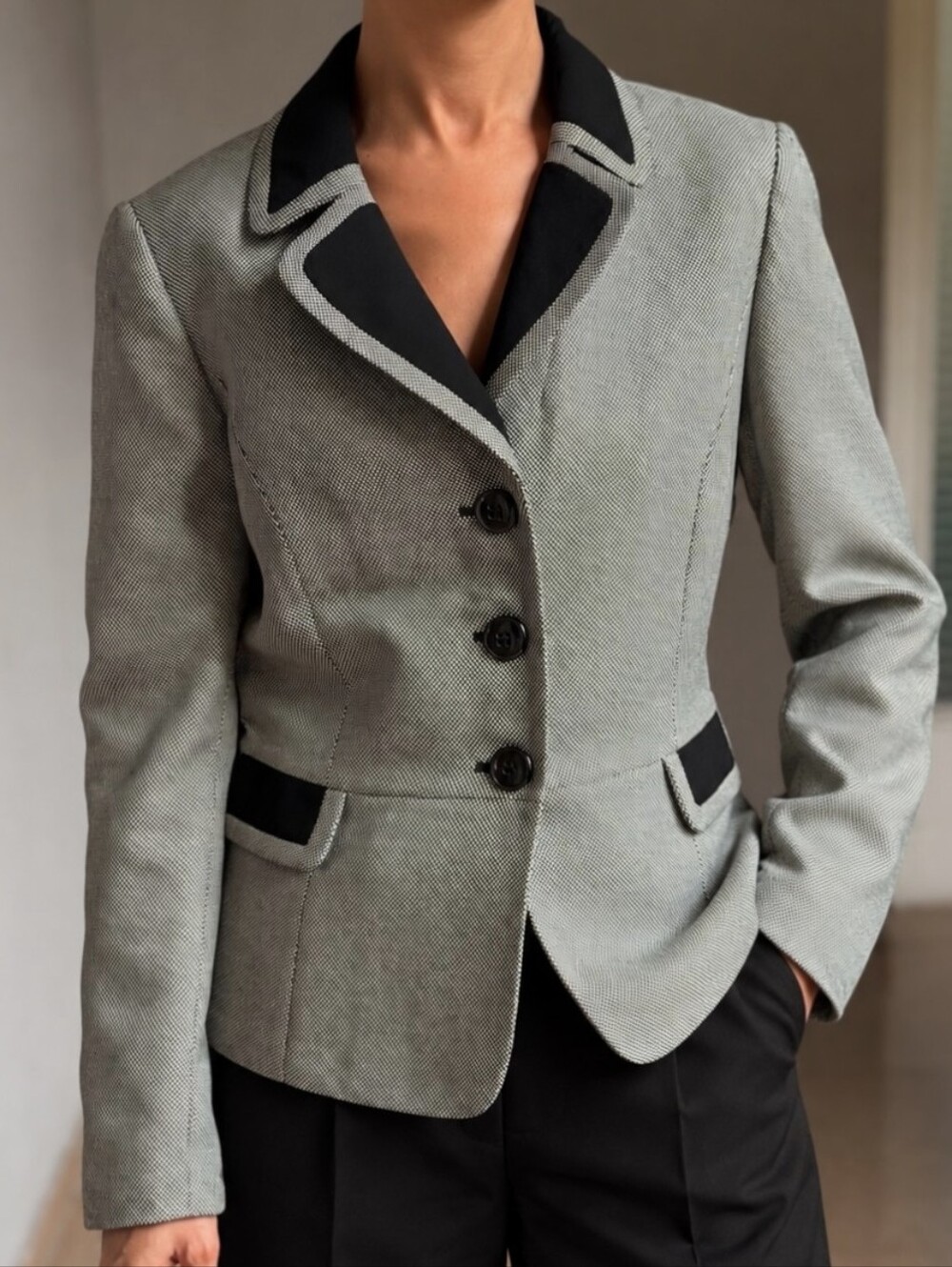 Tahari ASL Pique Micro Dot Structured Blazer Jacket Black White 4P